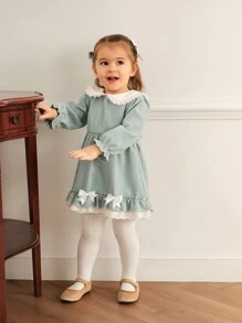 Souflis Souflis Baby Girls Floral Ruffle Collar Long Sleeve Elastic Waist Flared Hem Princess Dress, Cute & Fashionable For Spring/Autumn