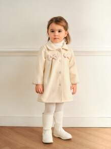 SHEIN Baby Girl Apricot Color Sleeve Trim Front Button Cute Sweet Warm Winter Jacket With Hood, New Arrival For Autumn/Winter - Apricot - View 4