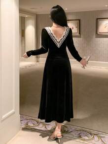 DAZY 女士优雅撞色蕾丝纽扣装饰中长连衣裙，秋冬，新年舞会礼服长袖连衣裙