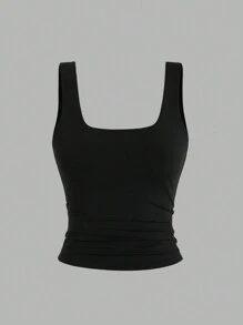 Flirla Camiseta de tirantes ajustada con cuello cuadrado y plisados para mujer