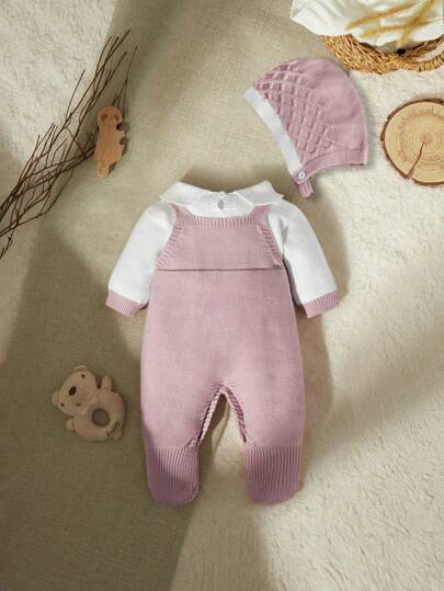 SHEIN Vintaside Kids 女婴毛衣连体衣，针织长袖高领连脚连体衣，秋冬季舒适保暖，粉色、杏色，优雅百搭，刺绣卡通图案，适合日常穿着、居家、户外和旅行