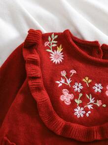 Baby Girl Casual Flower Embroidery Ruffle Hem Sweater Dress, Autumn/Winter
