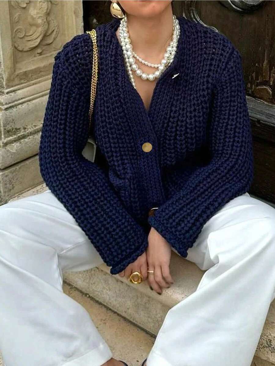 INAWLY 大码纯色前扣长袖休闲上衣，日常穿着，适合冬季 - 藏蓝色 - 查看 1