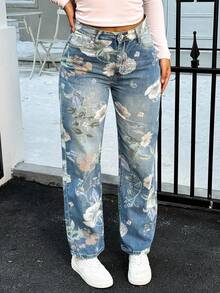 女士花卉印花直筒牛仔裤 - 中等水洗藍 - 查看 3