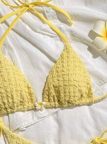 Swim Mod 2pcs/Set Textured Yellow Halter Neck Bikini Top & Tie Side Bikini Bottom Beach Swimwear For Women, Summer - Yellow - View 3