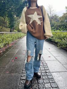 FRIFUL 女士休闲撞色拼布星星图案字母刺绣毛衣，秋冬，秋季女装 - 咖啡棕 - 查看 2