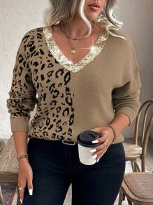 Calvaya Plus Size Women Leopard Print Patchwork Sequin Drop Shoulder Loose Pullover Sweater, For Winter Knit Pullover Fall Outfit