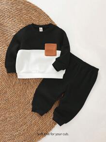 Cozy Pixies 2 Stücke/Set Baby Jungen Kontrast Farbe Flicken Gestrickt Weicher Rundhals Langarm Pullover & Jogginghose Set - Schwarz und Weiss - Übersicht 4