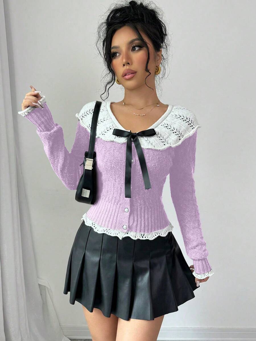 Chiquease 女士新款秋冬仿珍珠纽扣蝴蝶结荷叶边优雅开衫 - 淡紫色 - 查看 1