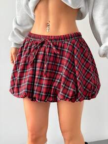 SHEIN EZwear 女孩 Y2K 学院风音乐节红色格子迷你泡泡裙