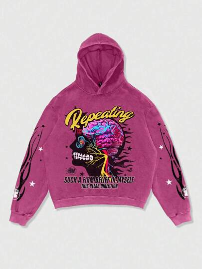 Street Life Sudadera con capucha corta suelta con estampado gráfico y lavado desgastado para hombre, estilo urbano