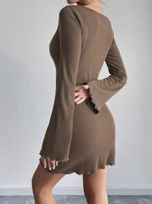 INAWLY Women Solid Color V-Neck Casual Versatile Knitted Long Sleeve Mini Dress - Brown - View 2