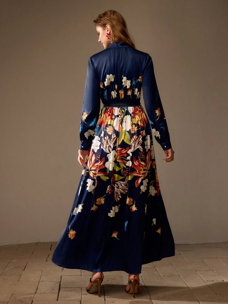 FLORAL PRINT MOCK NECK BELTED FLARE HEM LONG DRESS
