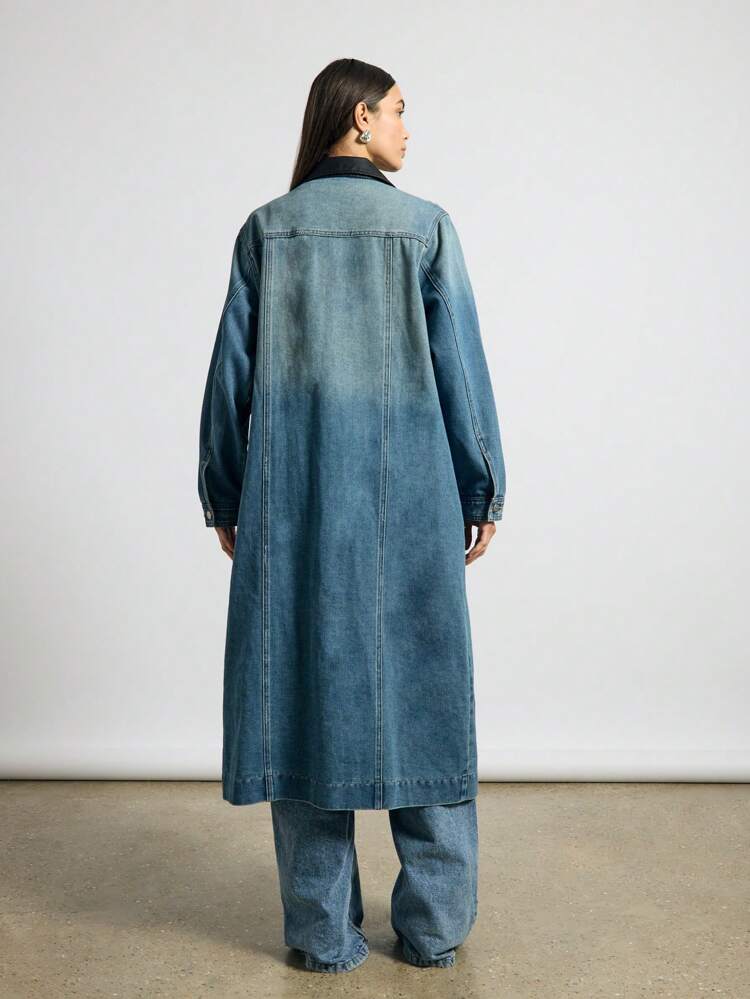 Designer Maxi Length Denim Jacket With Leather Collar