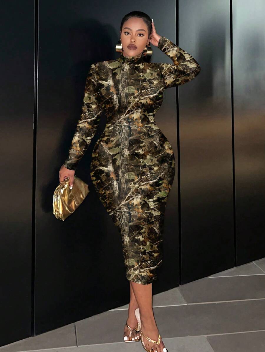 Slaydiva Casual Minimalist Plus Size Crew Neck Long Sleeve Fitted Dress, Spring/Autumn - Multicolor - View 1