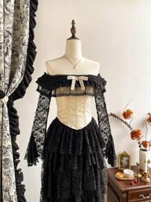 Vintamour Vintage Elegant Women Floral Jacquard Off Shoulder Long Sleeve Flared Cuff Lace Contrast Ruffle Bow Tie Party Festival Strapless Corset Blouse Winter Women Clothes Women Corsets Thanksgiving Women Outfit Winter Outfits Christmas Women Clothes Christmas Outfits Christmas Women Dress Christmas Party Dress Christmas Top Christmas Shirt Christmas Dress Christmas Clothes New Year Eve Dress Thanksgiving Dress Winter Tops Holiday Dress