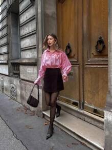 Chiquease 宽松翻领纯色法式灯笼袖长袖衬衫