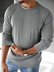 Manfinity Homme Men's Casual Solid Color Textured Fitted Long Sleeve T-Shirt, Autumn - Multicolor - View 1