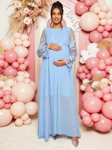 Loomaby 孕妇圆领花卉网眼撞色长袖优雅连衣裙，婴儿洗礼派对 - 藍色 - 查看 3