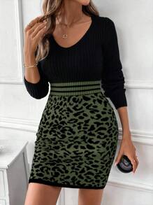Calvaya Women V-Neck Long Sleeve Leopard Print Hem Fitted Sweater Dress For Autumn/Winter
