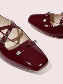 CUCCOO DOLLMOD Platt fyrkantig tå glansigt spänne Design Mode Loafers för kvinnor - Bourgogne - Visa 4