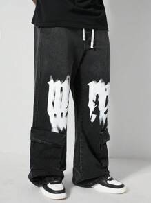 ROMWE MEN Street Life Men's Letter Print Drawstring Loose Casual Baggy Denim Jeans