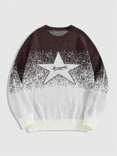 كنزة صوفية كاجوال رجالية بياقة دائرية وطراز نجمي متدرج اللون، ملائمة للخريف والشتاء