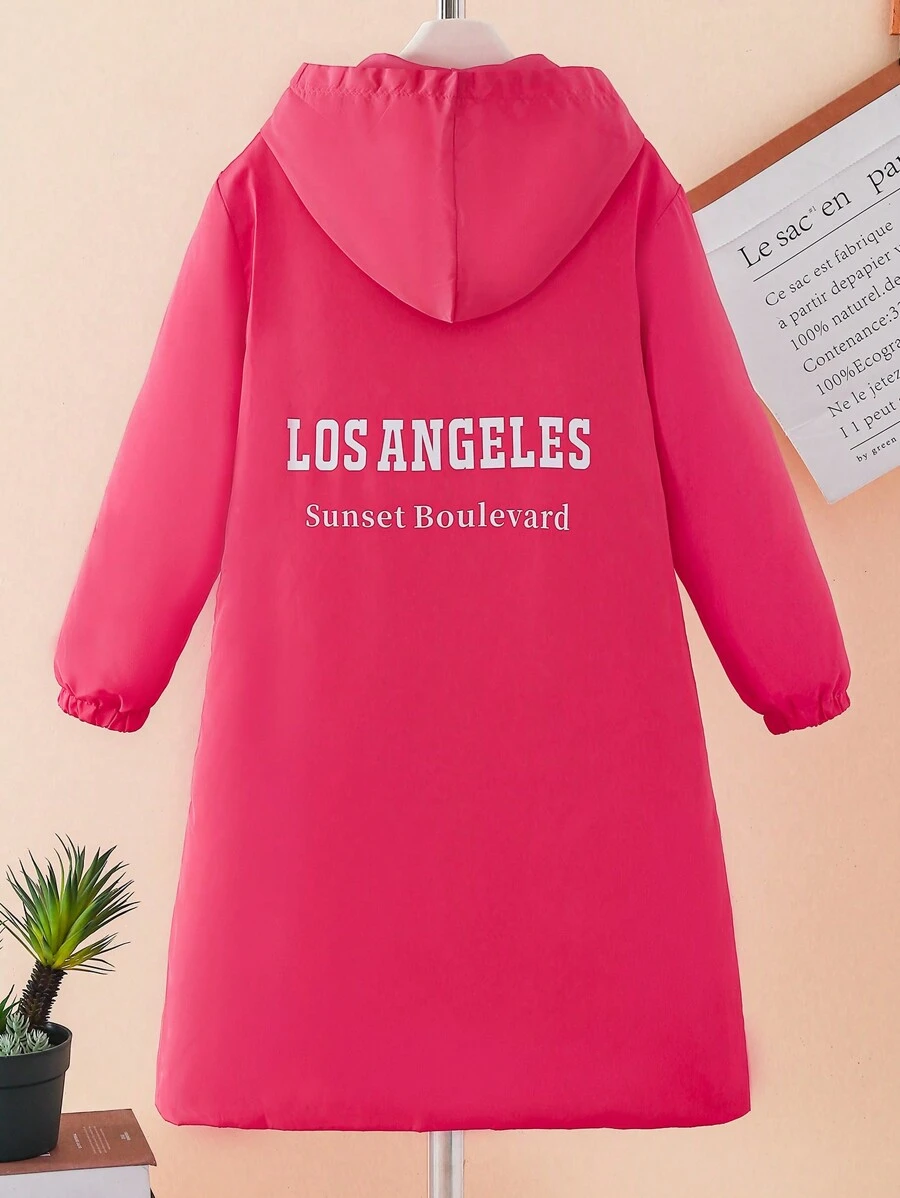 SHEIN Girls Oversized Water-Resistant Hooded Windbreaker Jacket, Loose Fit Graphic Print, For Spring/Autumn - Hot Pink - View 1