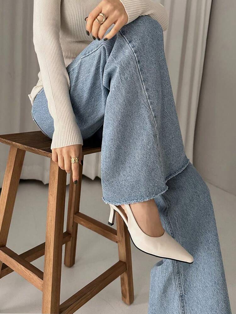 Women's Solid Color Wide Leg Long Denim Jeans, Suitable For Long Legs