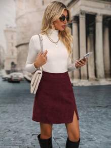 EMERY ROSE Casual Minimalist Solid Color Split Hem Skirt For Autumn/Winter