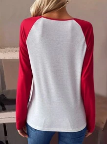 SHEIN LUNE 女士正面纽扣长袖纯色拼接字母印花简约上衣日常休闲 - 紅色 - 查看 2