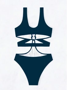 SHEIN Swim Women's Solid Color Hollow Out Fitted One-Piece Swimsuit For Beach Vacation, Summer