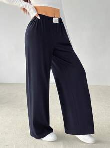 SHEIN PETITE 女士休闲贴花宽腿宽松运动裤 - 藏蓝色 - 查看 4