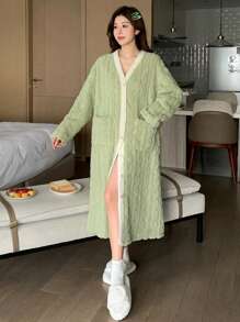 DAZY Áo choàng hở phía trước kẻ sọc tối giản màu vải nỉ, mùa đông - màu xanh lá - Xem 6