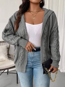 Vionelle 大码女式纯色落肩长袖连帽宽松休闲开衫，秋冬 - 灰色 - 查看 5