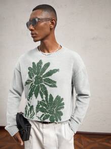 AKNOTIC Business Casual Men Loose Fit Dropped Shoulder Crew Neck Pullover Sweater, Casual Floral Intarsia Knitted Long Sleeve, Soft Fuzzy Fleece, Suitable For Autumn/Winter, Gray Color Blocking