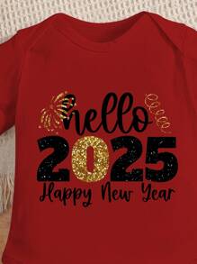 男婴2025新年快乐印花短袖连体衣 - 紅色 - 查看 4