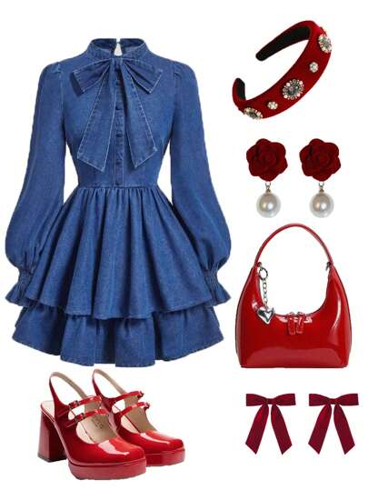 SHEIN MOD Women's Vintage Denim Dress, Navy Blue, Autumn, Elegant, Tea Party Brunch Long Sleeve Shirt Dress For Christmas, Thanksgiving, Holiday, New Year Eve