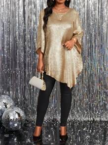 SHEIN Lady 大码女式纯色金属圆领 3/4 袖宽松不对称下摆优雅衬衫 - 金色 - 查看 5