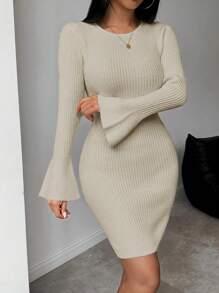 Chiquease Vestido-suéter de punto acanalado ajustado con manga acampanada de unicolor elegante para mujer