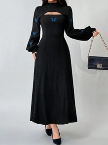 Feyla 1 件女式黑色蝴蝶刺绣连衣裙，适合秋冬季长款晚礼服 - 黑色 - 查看 4