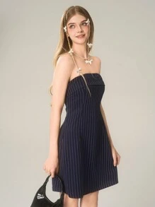 Bộ 2 món/Bộ áo khoác cổ ve kẻ sọc đơn giản cho bé gái tuổi teen và váy không tay - Màu xanh lam - Xem 4