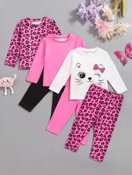 SHEIN 6pcs/Set Baby Girl Casual Leopard Print Cat Pattern Long Sleeve T-Shirt & Long Pants 3 Outfits, Comfortable Soft Fabric, Suitable For Home & Outdoor, High Cost-Performance