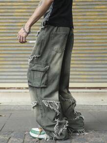 Manfinity EMRG Men's Fashionable Washed Star Print Denim Jeans - Army Green - View 8