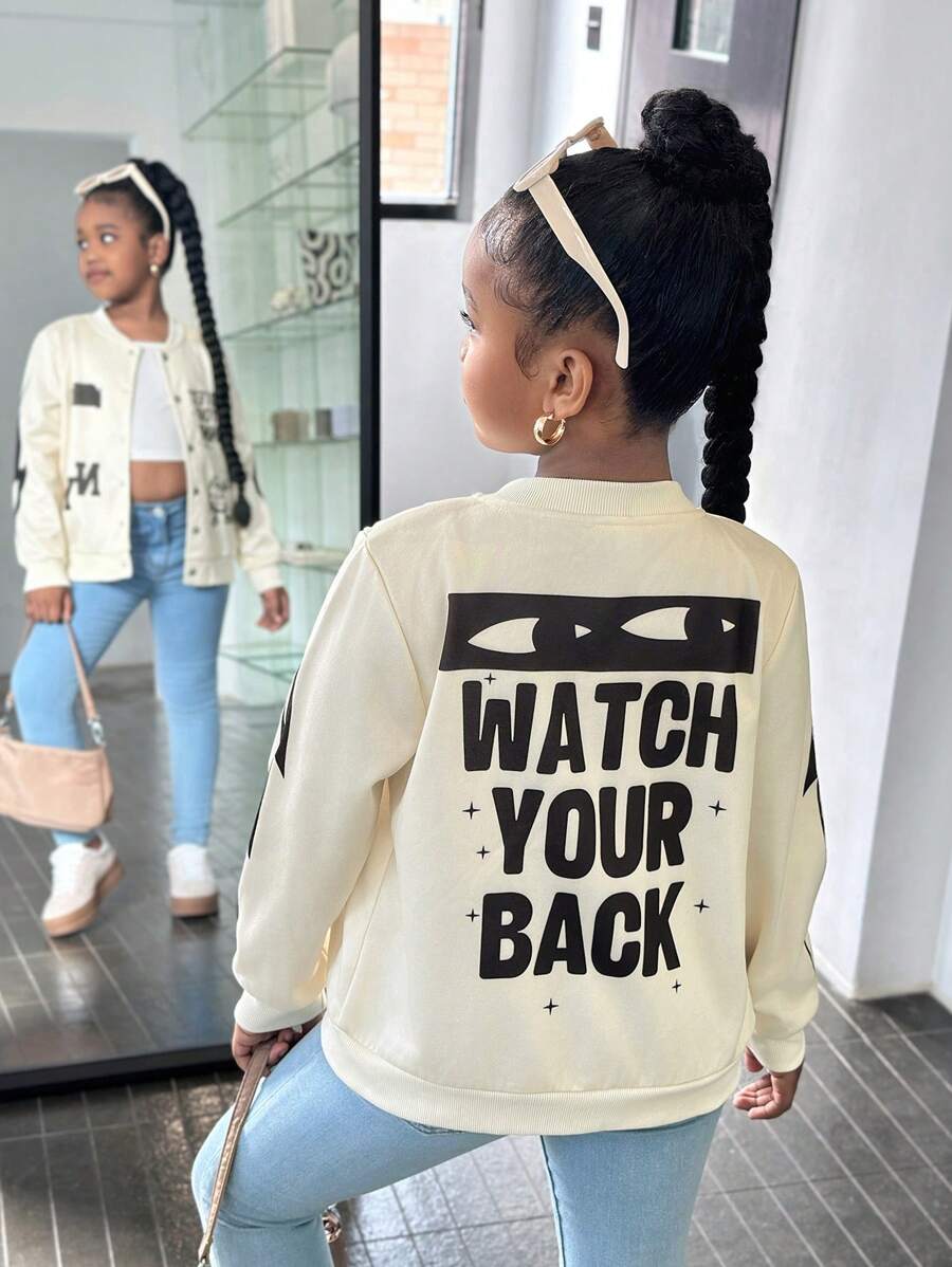 Tween Girls American Baseball Bomber Jacket, Warm Printed Punk Outerwear For Spring Autumn Winter - Apricot - View 1