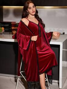 Lace Trim Velvet Camisole Nightgown & Robe Set - Burgundy - View 4