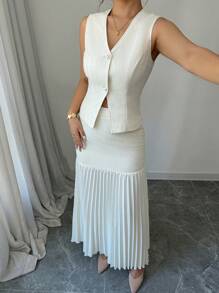 Rafferiza 2 件套女士 V 领背心上衣和褶皱长裙 - 杏色 - 查看 4