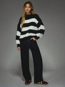MISSGUIDED 毛茸茸睫毛针织条纹套头毛衣冬季假日舒适毛衣长袖柔软纹理超大针织节日休闲家居服