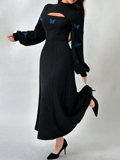 Feyla 1 件女式黑色蝴蝶刺绣连衣裙，适合秋冬季长款晚礼服