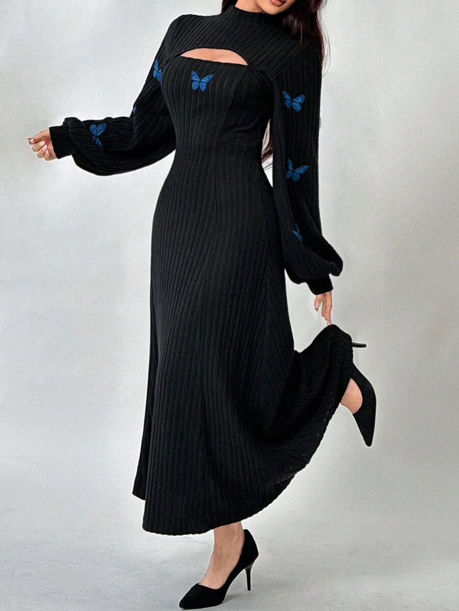Feyla 1 件女式黑色蝴蝶刺绣连衣裙,适合秋冬季长款晚礼服 - 黑色 - 查看 1